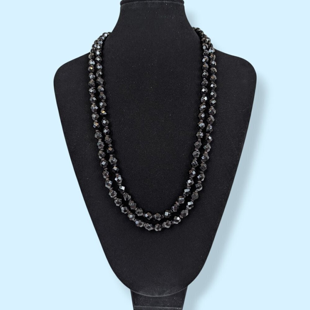 V. Long Black Glass Beaded Necklace